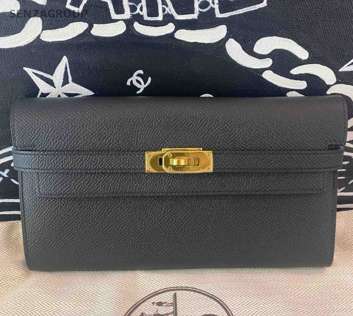 Hermes Kelly Long Wallet Epsom Leather Clutch Black Gold Used Women Classic