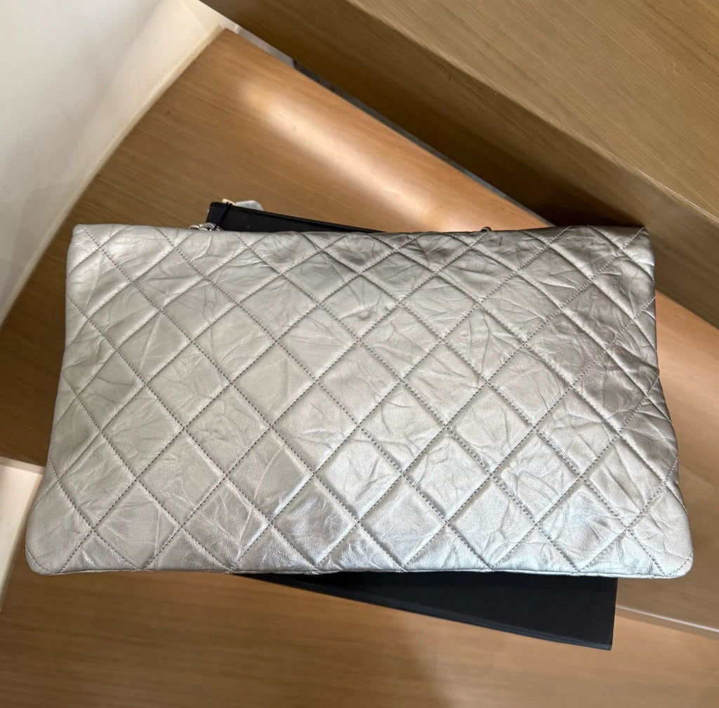Chanel Airport Flap GM Shoulder Bag Silver Turn Lock Women Fashion