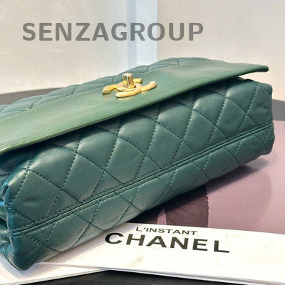 Chanel Classic Flap Bag Green Gold Hardware Quilted Chain Shoulder Bag