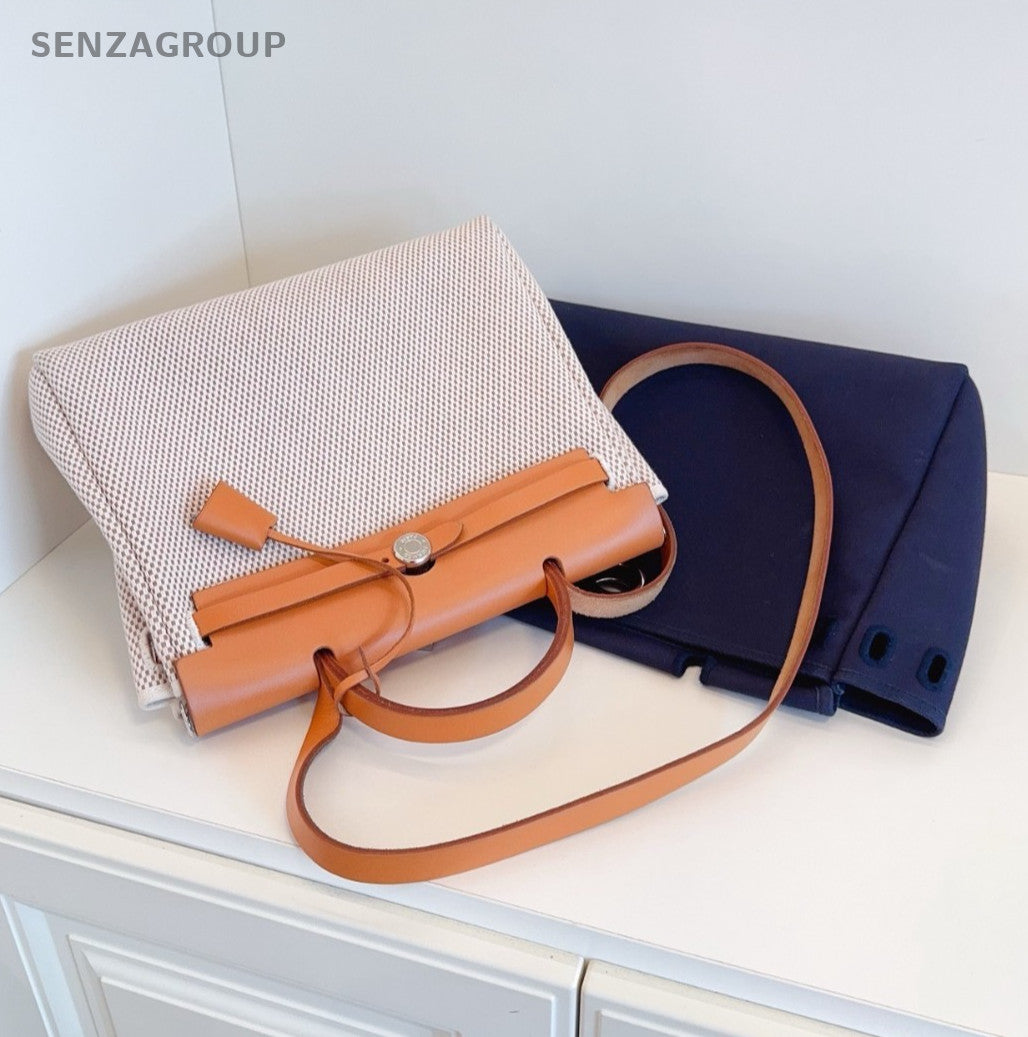 Hermes Vintage herbag31 Top Handle Canvas Shoulder Handbag Beige Women Orange