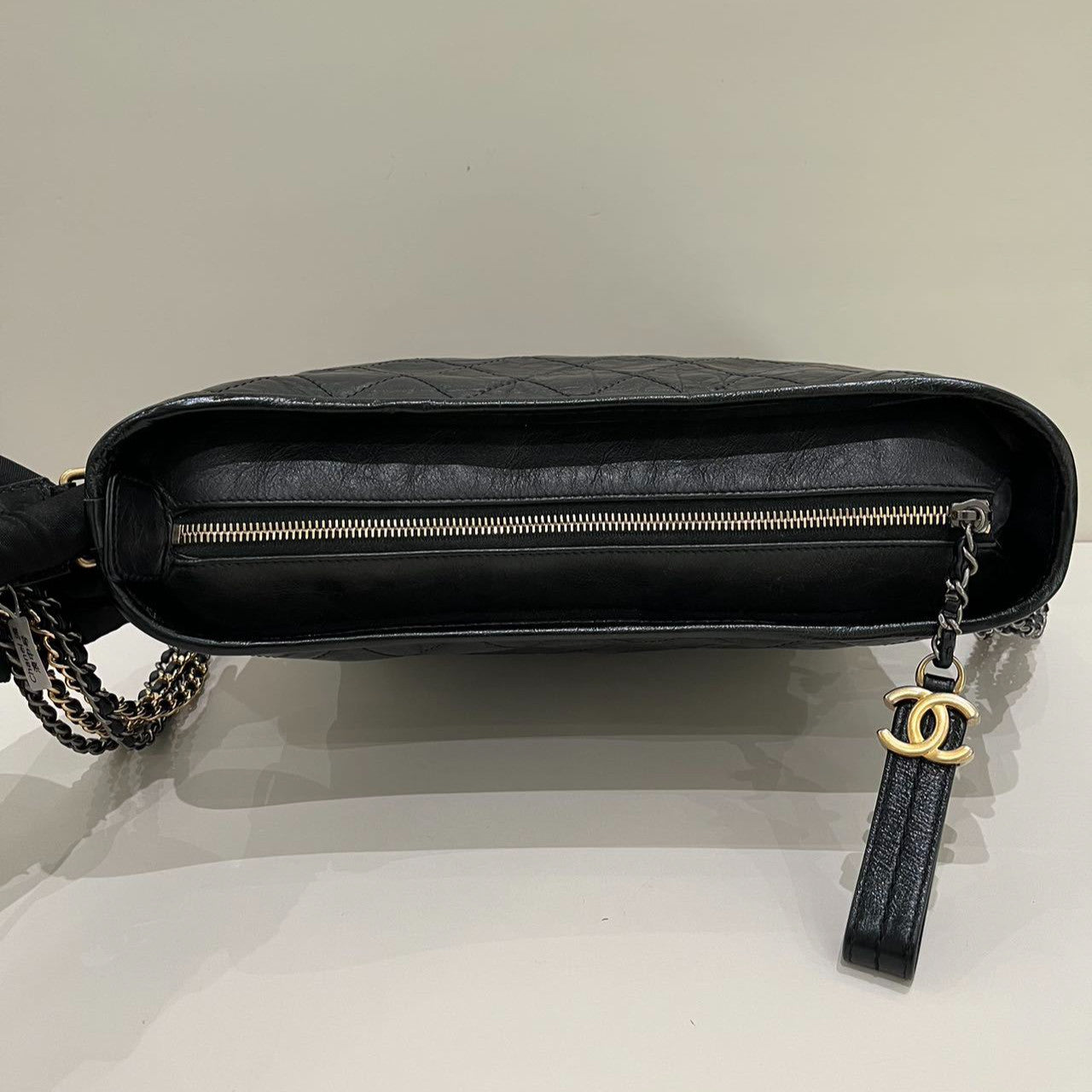 Chanel Gabrielle Medium Chevron Chain Shoulder Bag Black Gold Women's