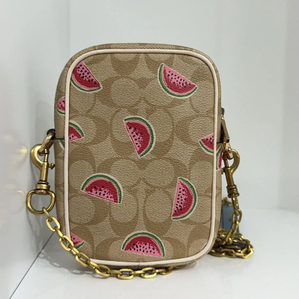 Coach Beige Canvas Monogram Watermelon Print Crossbody Camera Bag Women
