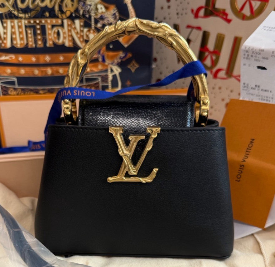 Louis Vuitton Capucine Mini Calfskin Top Handle Bag Crossbody Black Gold Women