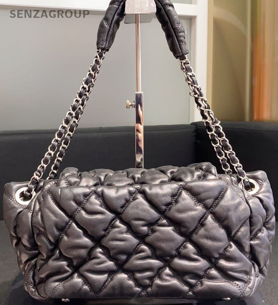Chanel Lambskin Leather Vintage Chain Shoulder Bag Black Silver Women Classic