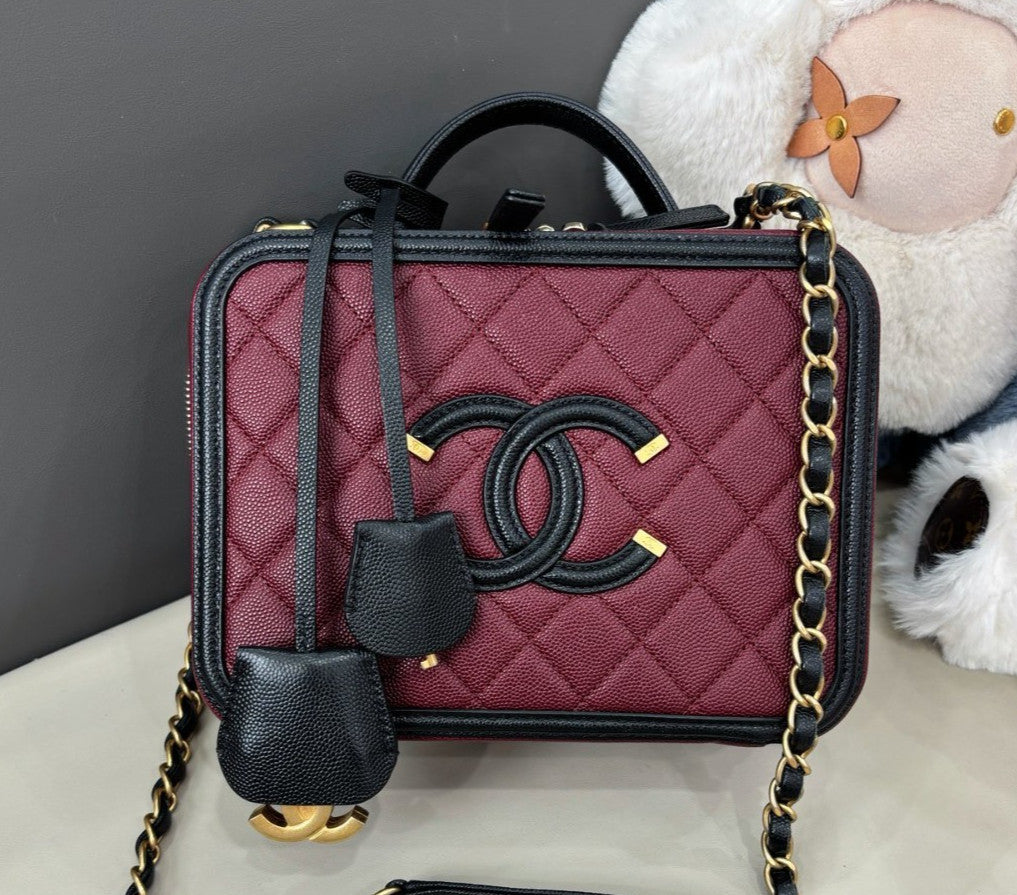 Chanel Vanity Case MM Chain Crossbody Red Black Gold Women Classic Diamond