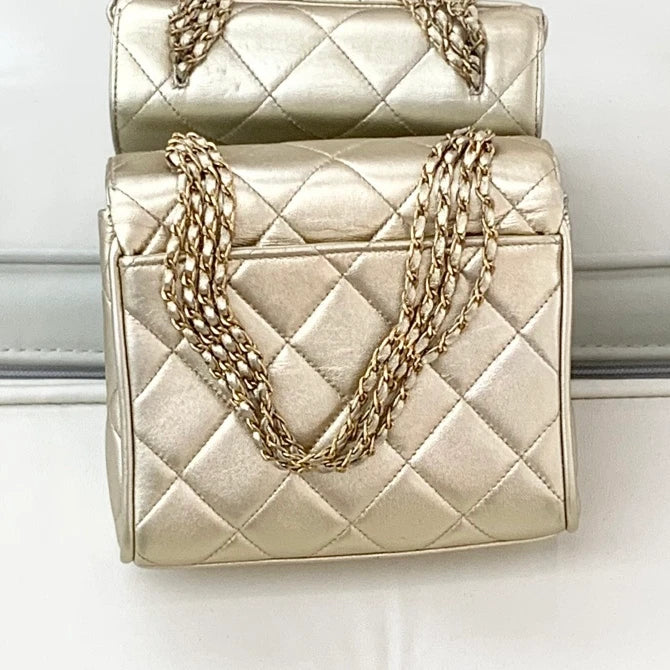 Chanel Lambskin Chain Top Handle Bag Diamond Gold Women Classic S