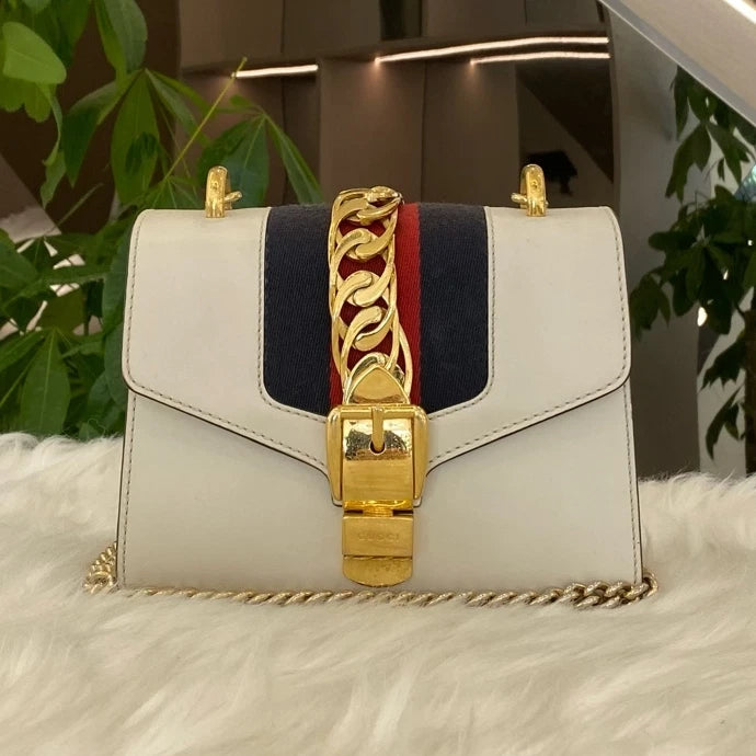 Gucci Sylvie Small Chain Shoulder Bag - White Gold Classic Women's