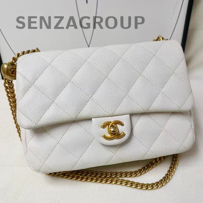Chanel White Gold Calfskin Chain Shoulder Crossbody Bag Classic Quilted
