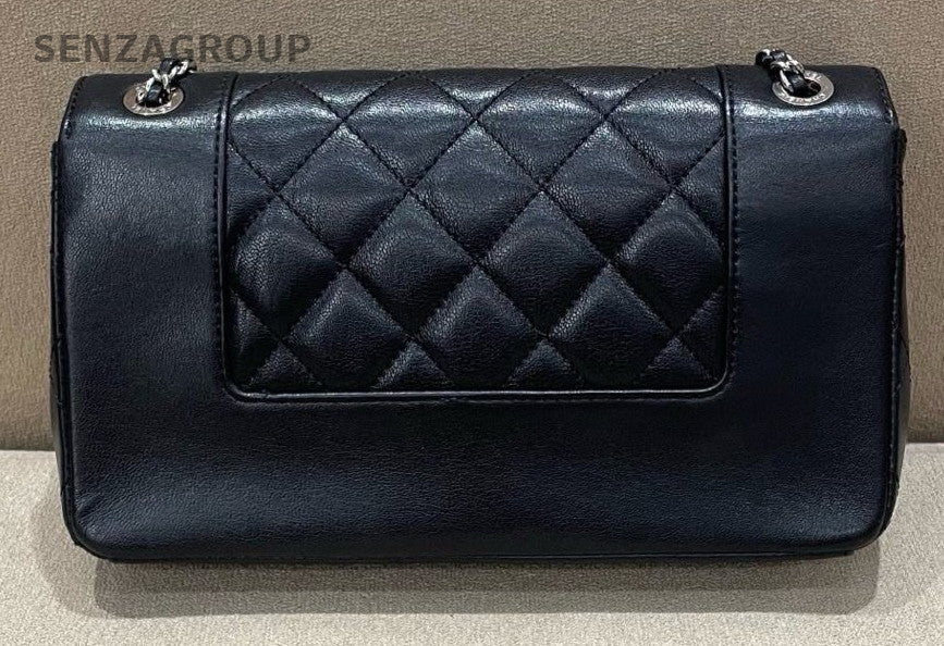 Chanel Classic Flap PM Chain Shoulder Bag Black Silver Women Diamond Pattern