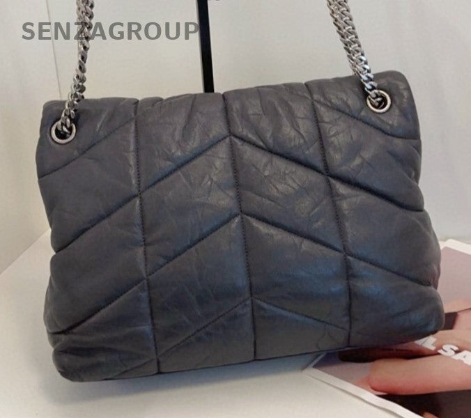Saint Laurent LouLou Purffer GM Chain Shoulder Bag Gray Silver Women Classic