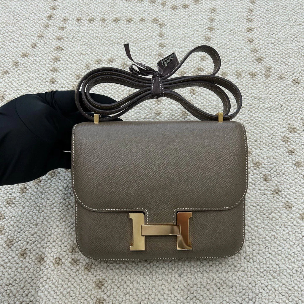 Hermes Constance19 Epsom Leather Shoulder Bag Crossbody Gray Gold Women