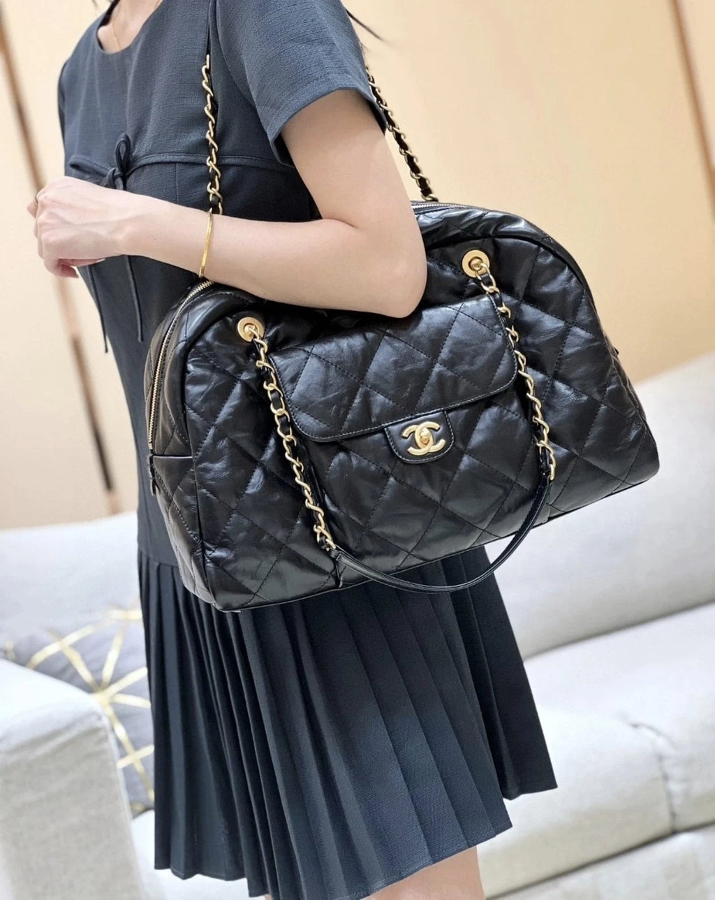 CHANEL Large Capacity Bowling Bag Waxed Leather For Women
