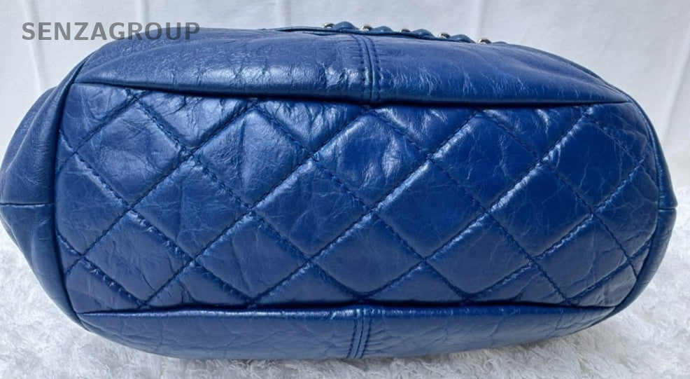Chanel Diamond Chain Shoulder Bag Blue Silver Used Women Classic Designer