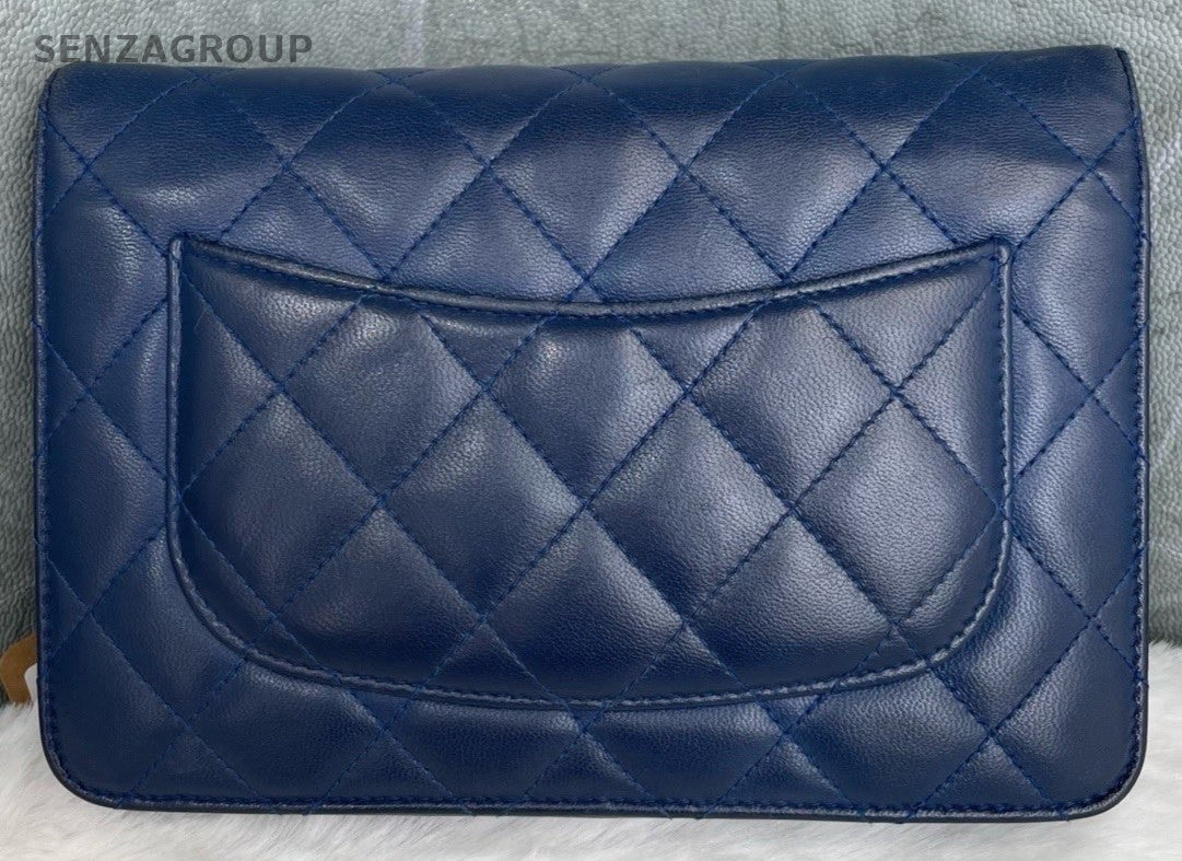 Chanel Classic Flap Calfskin Chain Shoulder Bag Blue Silver Women Designer