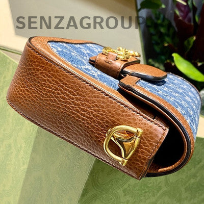 Gucci 1955 Mini Horsebit Denim Saddle Bag Blue Brown Women's Shoulder Crossbody