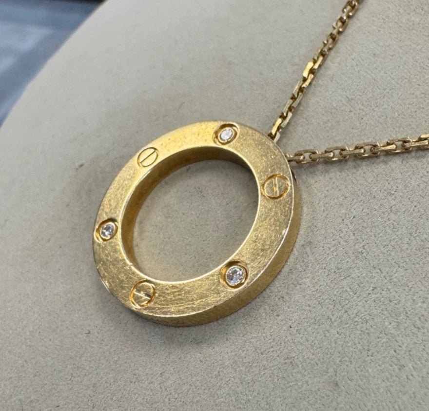 Cartier Love 18k Yellow Gold 3 Diamonds Round Pendant Necklace