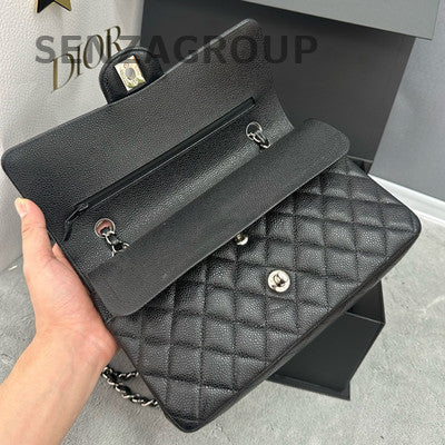 Chanel Classic Flap Medium Black Silver Calfskin Shoulder Crossbody Bag
