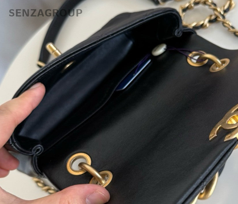 Chanel Diamond Mini Chain Top Handle Bag Crossbody Black Gold Used Women Classic