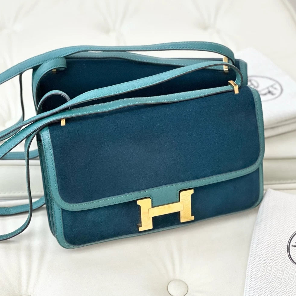 Hermes Constance Elan Suede Shoulder Crossbody Bag Green Gold Women S