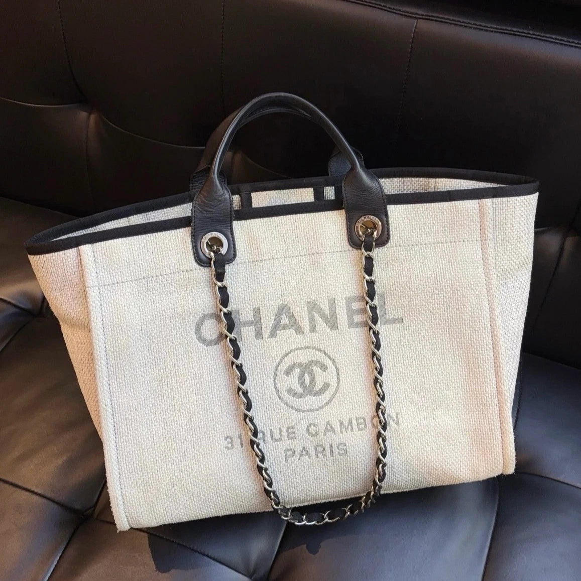 Chanel Beach Bag GM Chain Shoulder Bag Top Handle Bag Gray Used Women