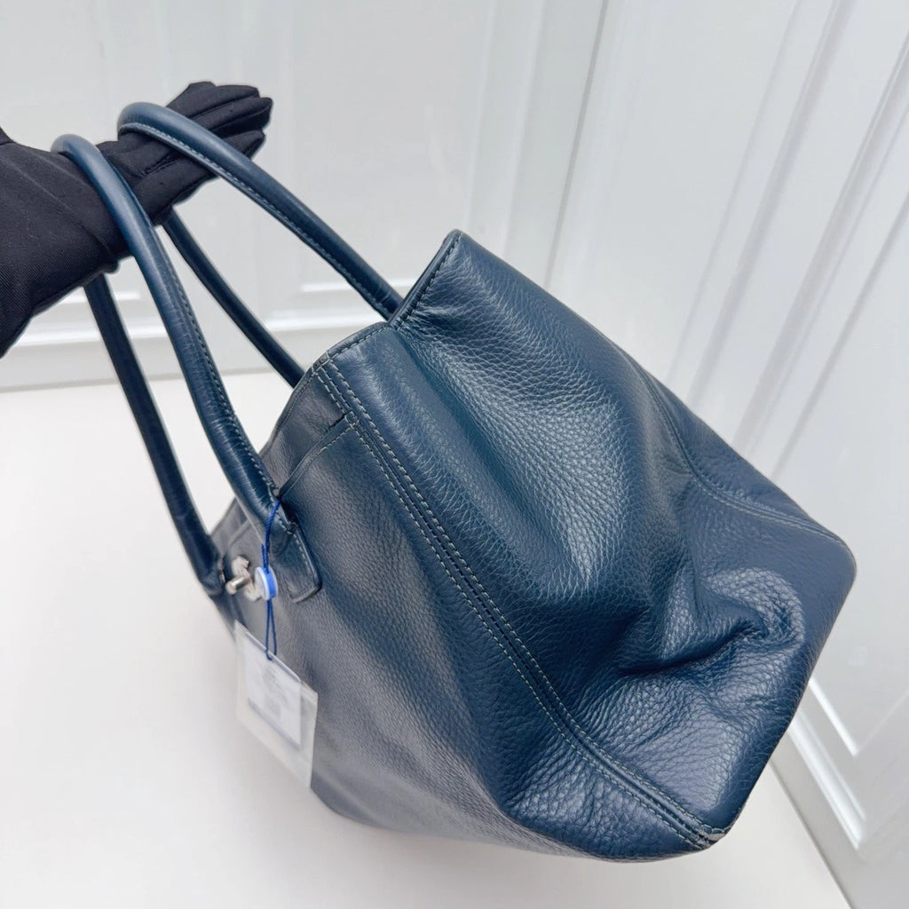 Chanel Cerf Tote Calfskin Shoulder Bag Blue Silver Hardware Women Classic