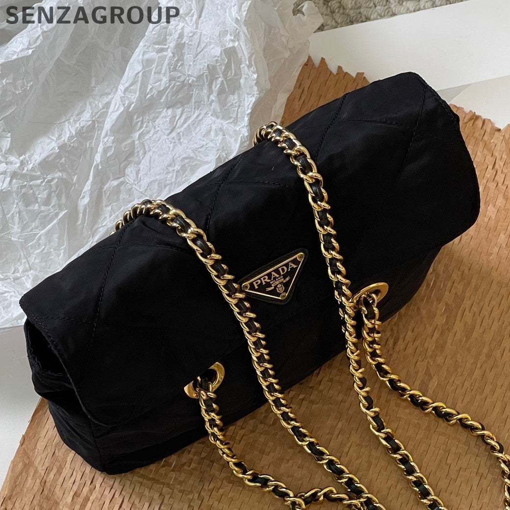 Prada Nylon Black Gold Chain Shoulder Crossbody Bag Classic Women