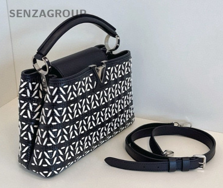 Louis Vuitton Capucines BB Top Handle Shoulder Crossbody Bag Black White Women