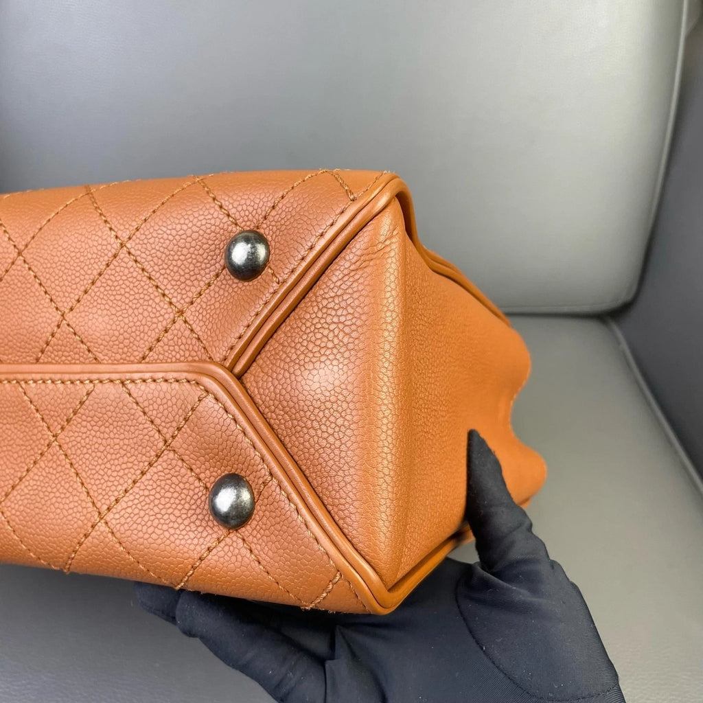 Vintage CHANEL Brown Leather Quilted Logo Tote Bag For Women