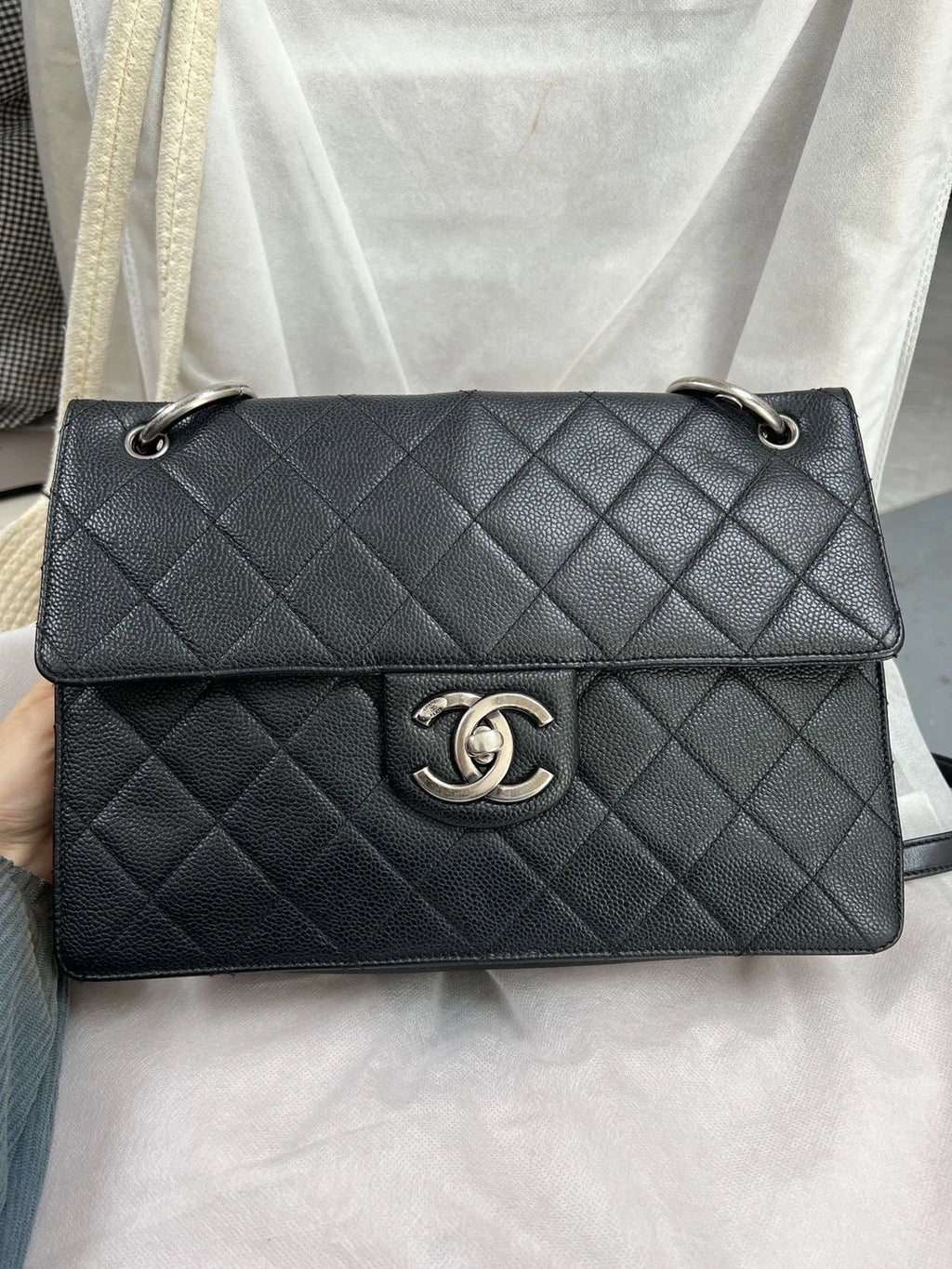Chanel Bombay Calfskin Chain Shoulder Bag Black Silver Women Classic