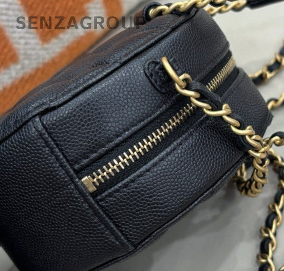 Chanel Calfskin Leather Round Chain Top Handle Bag Crossbody Black Gold Women