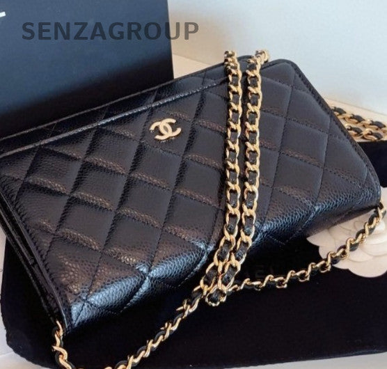 Chanel WOC Chain Shoulder Bag Crossbody Black Gold Women Classic Diamond