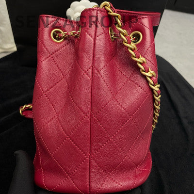 Chanel Red Drawstring Bucket Bag with Gold Chain Strap - Women's Fashion