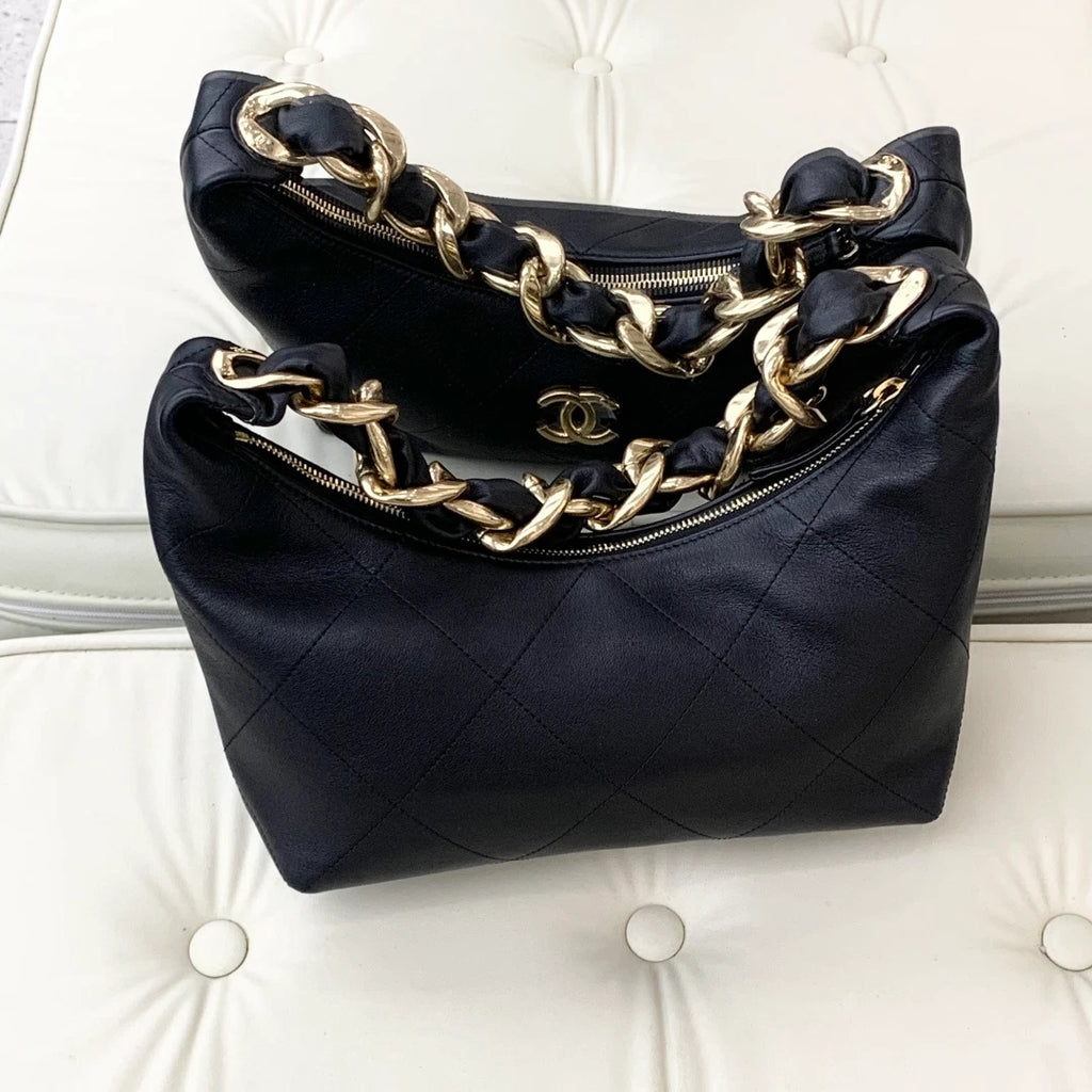 Chanel Calfskin Hobo Chain Top Handle Shoulder Bag Black Gold Women Fashion S