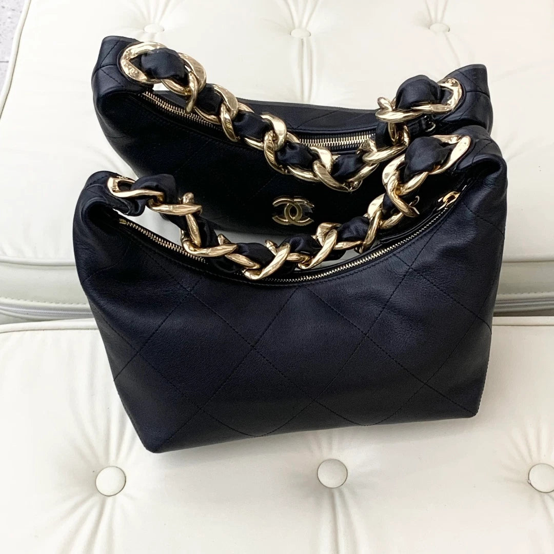 Chanel Calfskin Hobo Chain Top Handle Shoulder Bag Black Gold Women Fashion S