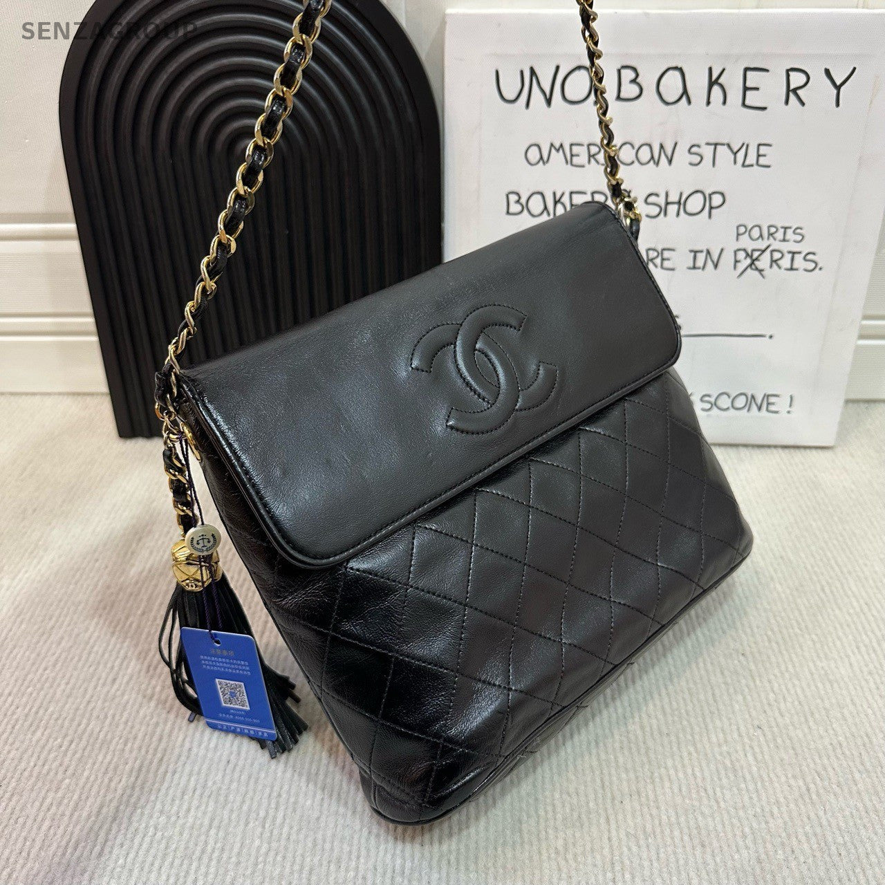CHANEL Vintage CC Logo Tassel Chain Shoulder bag Black Gold Women Classic