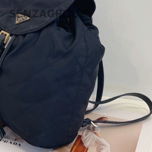 Prada Canvas Leather Drawstring Backpack Black Gold Women Classic Designer