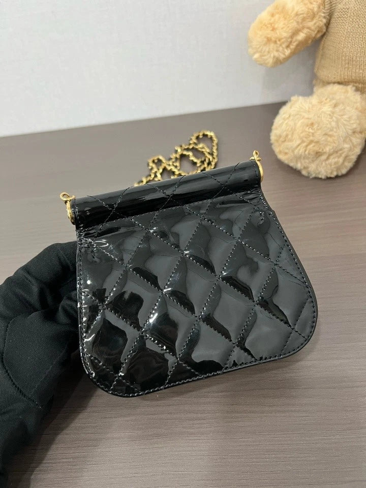 CHANEL Black Gold Patent Leather Mini Crossbody Bag For Women
