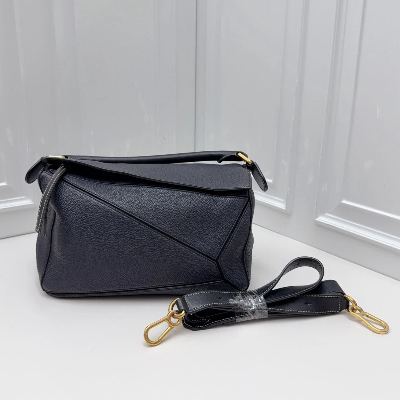 Loewe Puzzle Navy Calfskin Top Handle Crossbody Bag Gold Hardware Women