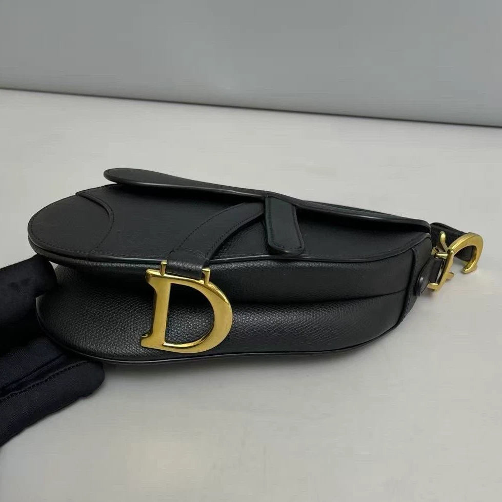 Christian Dior Saddle PM Shoulder Bag Black Gold Calfskin Women Classic