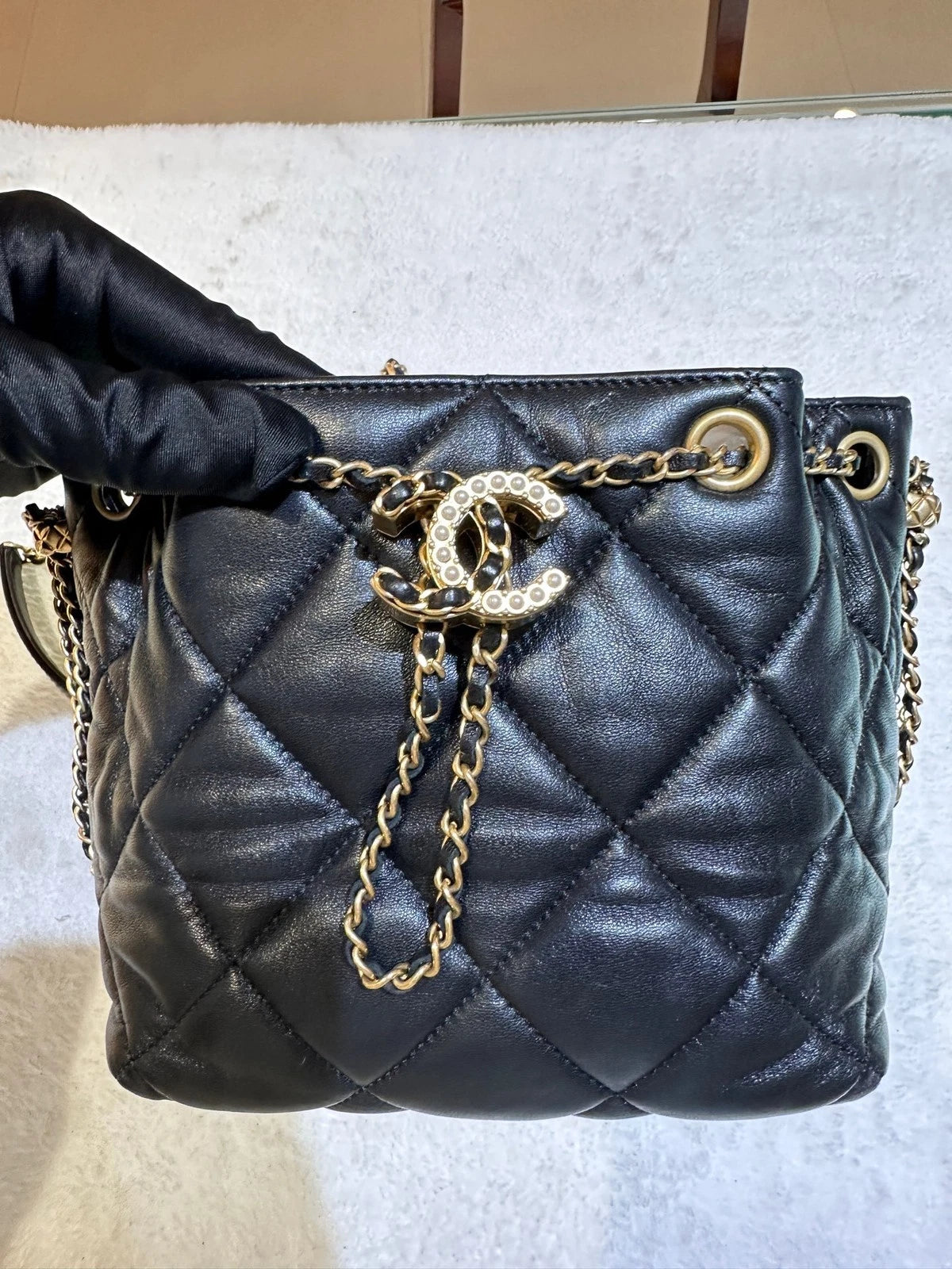 CHANEL Black Gold Leather Drawstring Bucket Bag For Women