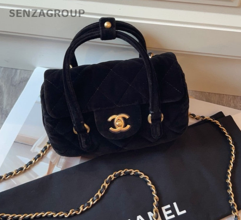 CHANEL CC Logo 25C Velvet Top Handle 2way Shoulder Handbag Black Gold Women