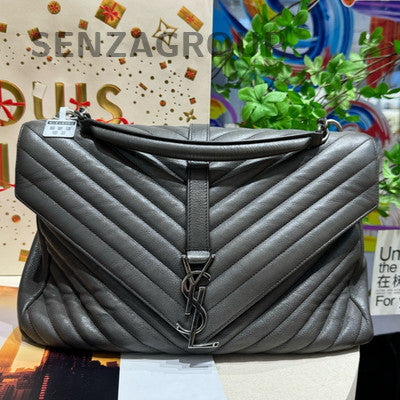 Saint Laurent College Medium Grey Leather Messenger Handbag Classic Women