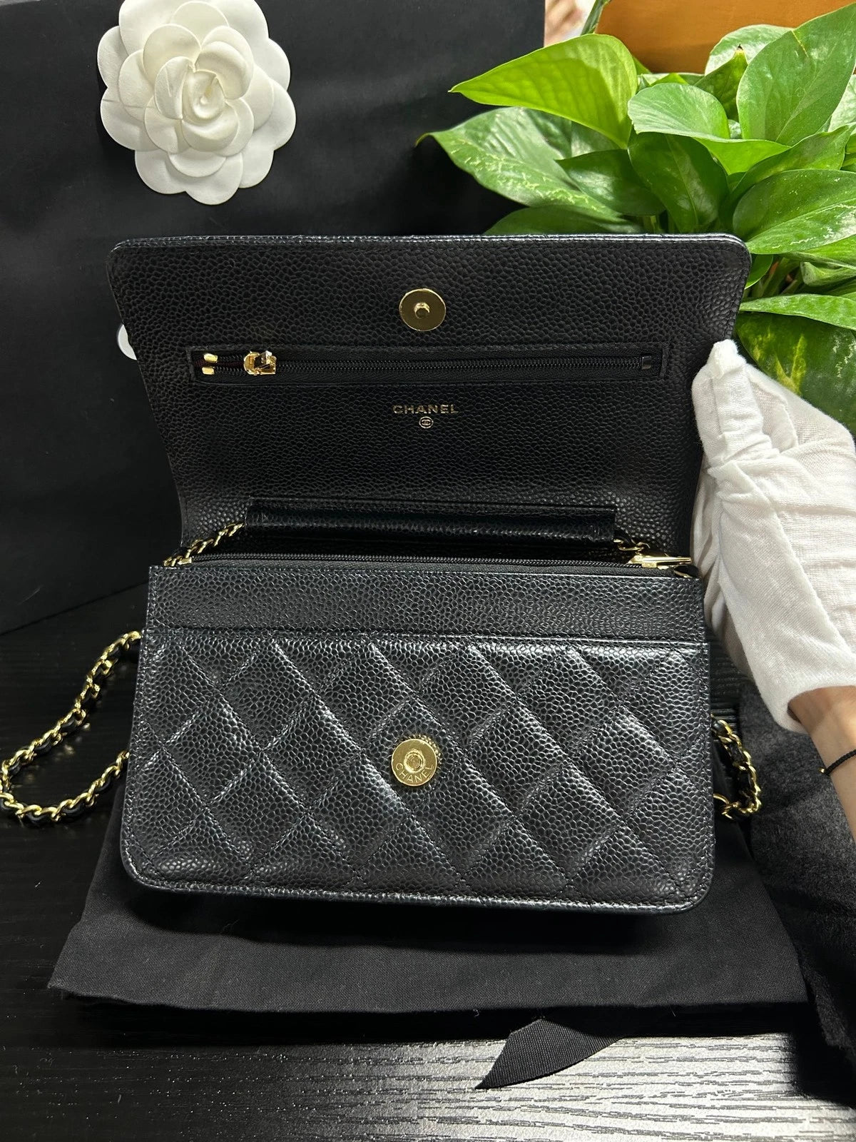 Chanel WOC Chain Shoulder Bag Black Gold Diamond Women Classic