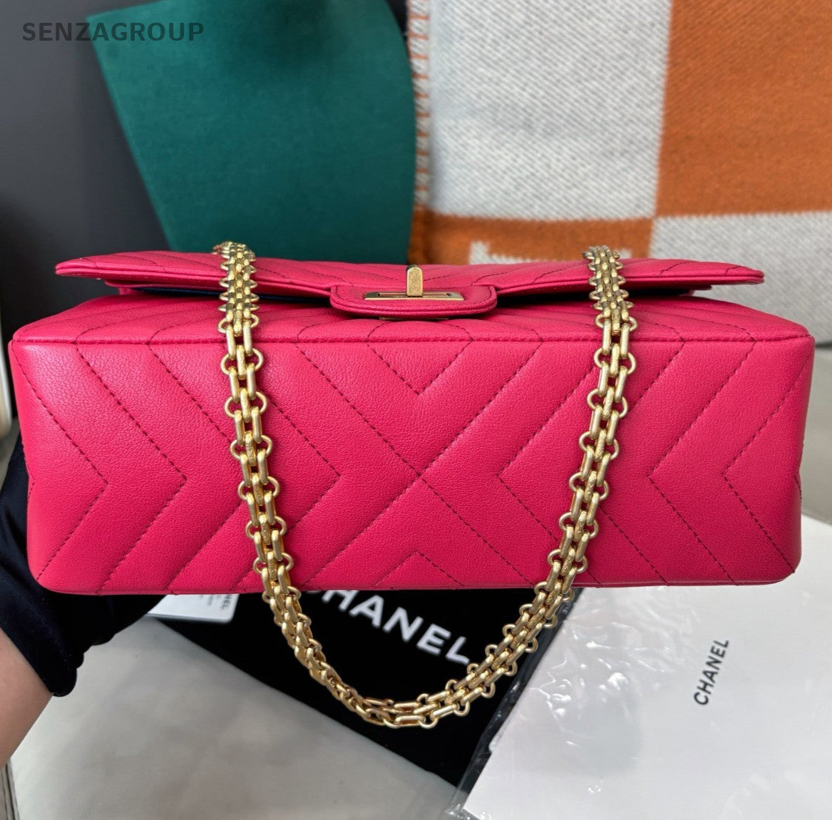 Chanel 2.55 PM Chain Shoulder Bag Pink Gold Women Classic Fashion