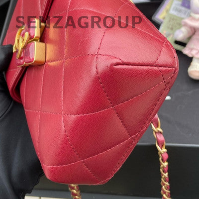 Chanel Red Lambskin Quilted Classic Flap Bag with Gold Hardware