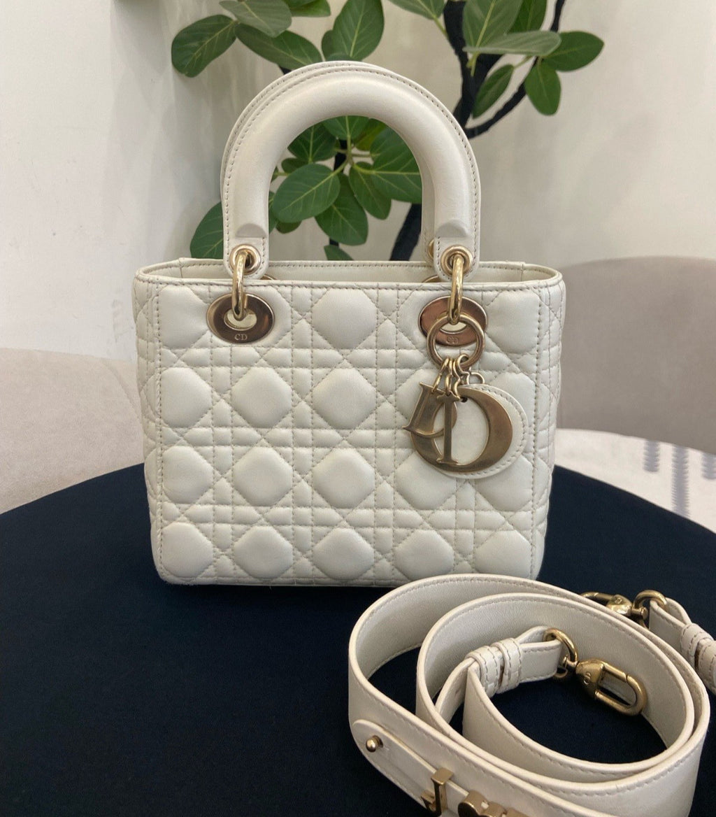 Christian Dior Lady Dior Cannage Crossbody Top Handle Bag White Gold Women