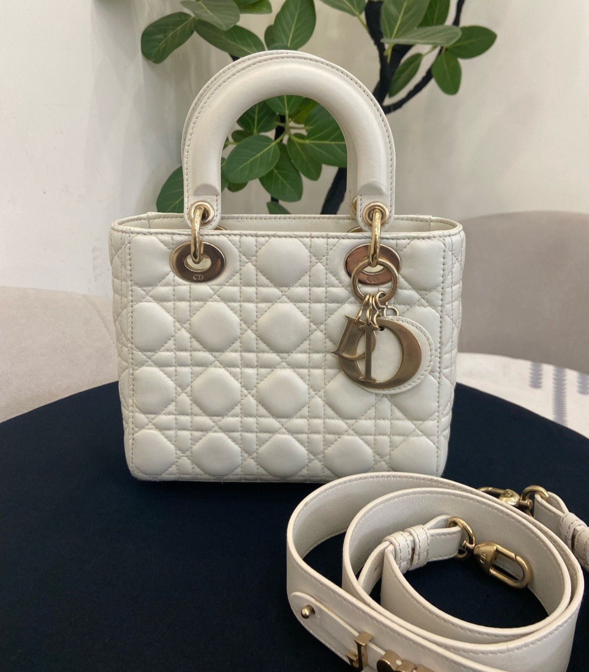 Christian Dior Lady Dior Cannage Crossbody Top Handle Bag White Gold Women