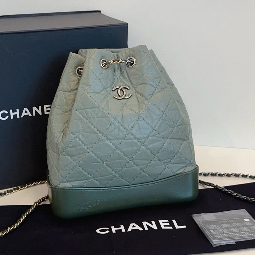 Chanel Gabrielle PM Calfskin Backpack Green Silver Diamond Women Classic