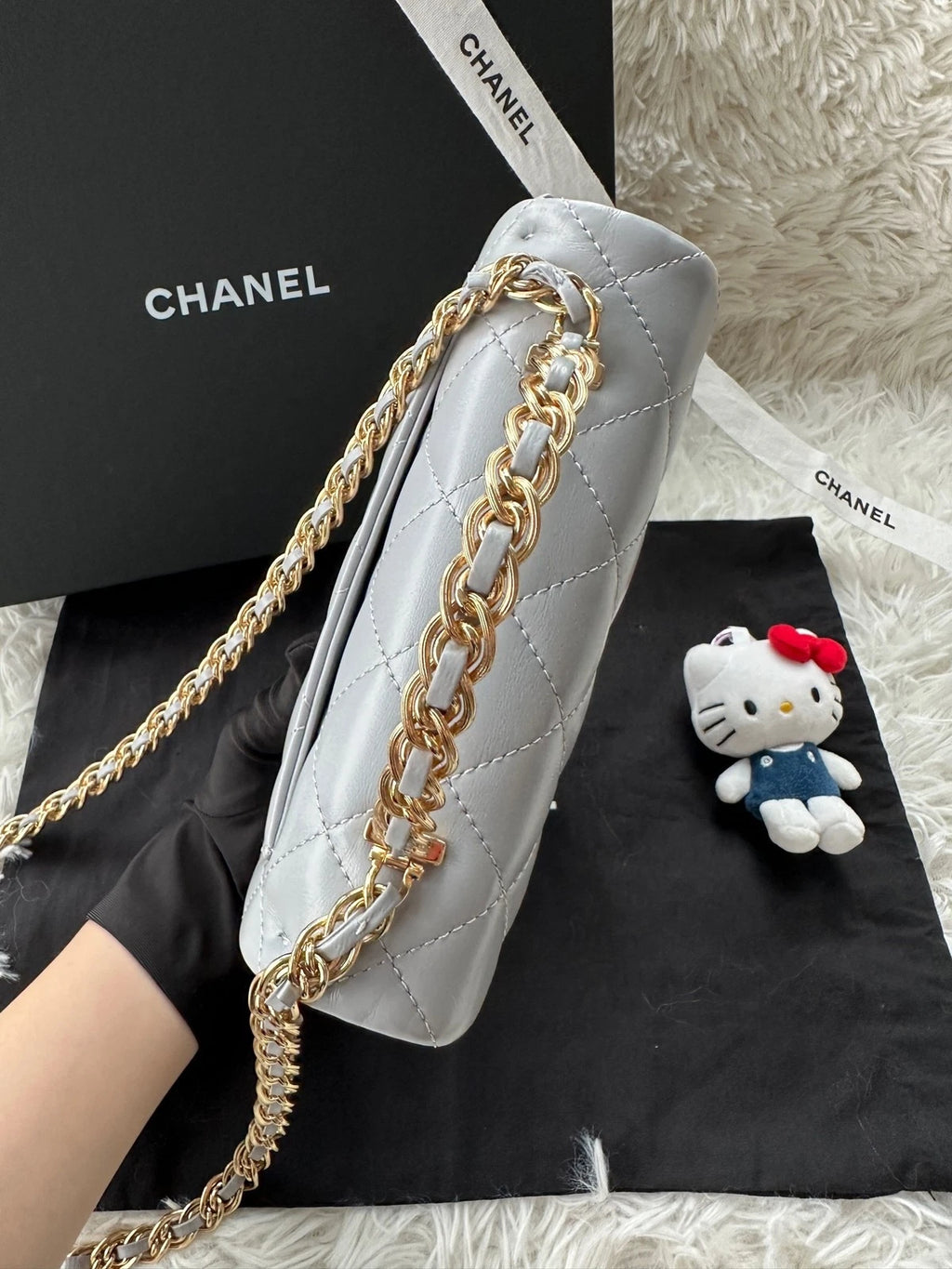 Authentic CHANEL Grey Lambskin Square CF Bag For Women