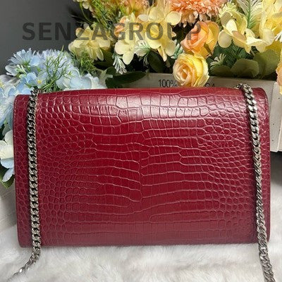 Saint Laurent Crocodile Embossed Fringe Bag Red Silver Chain Crossbody